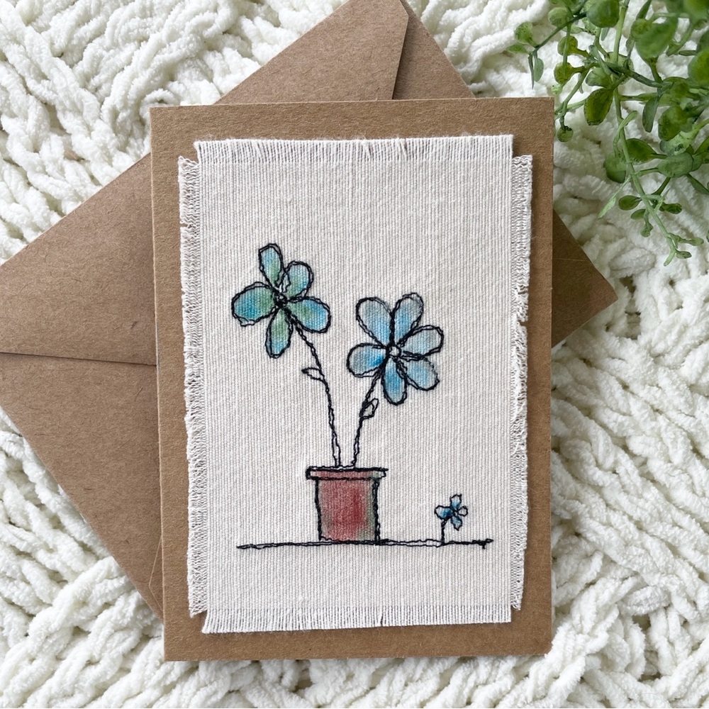Handcrafted Fabric Stitched Greeting Card Floral Hand Painted Blue Green Teal